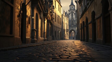 A cobblestone street leads towards a large stone building