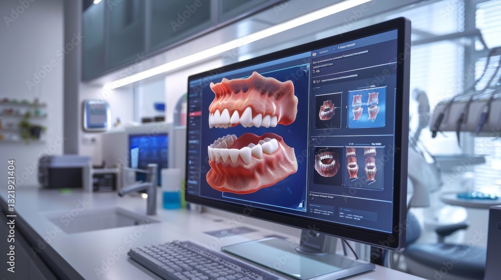 Fototapete a dental clinic features a sleek computer workstation with a high resolution screen displaying intri