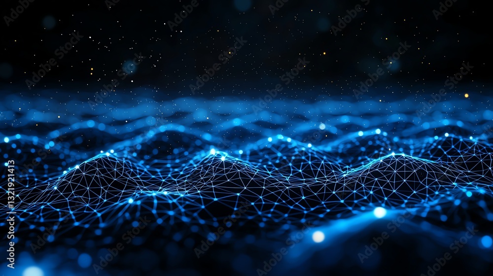 Poster this captivating abstract image features a network of glowing blue waves, representing digital data 