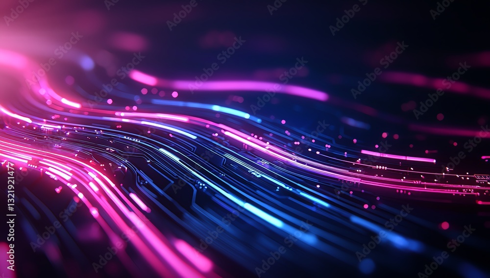 Poster a vibrant display of flowing neon lines and particles, creating a dynamic digital landscape