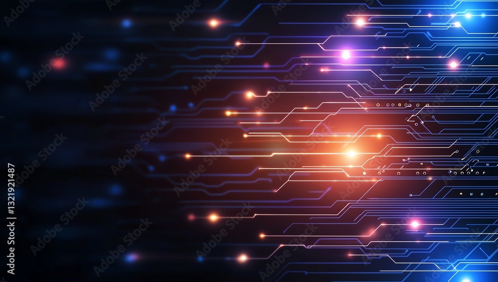 Poster this abstract image showcases a vibrant network of glowing circuits and lights, symbolizing the dyna