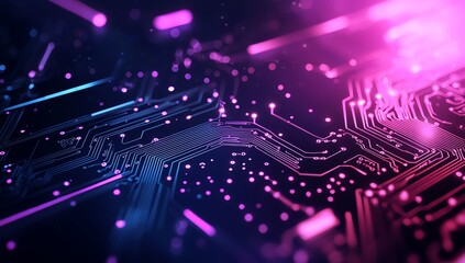 Obraz premium A vibrant close-up of a circuit board featuring intricate lines and glowing lights. This captivating image showcases the fusion of technology and creativity in modern design.