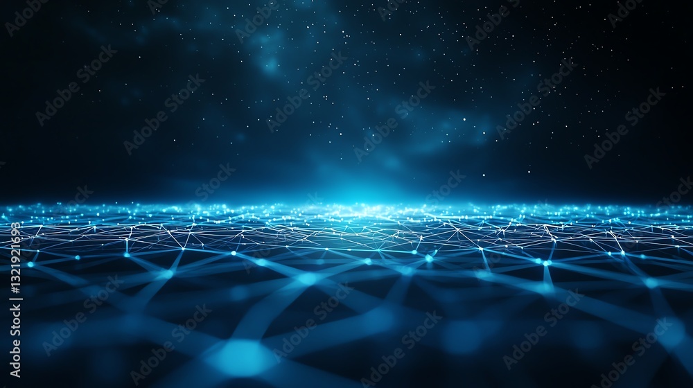 Poster a mesmerizing digital landscape with glowing blue connections and data nodes, representing the vast 
