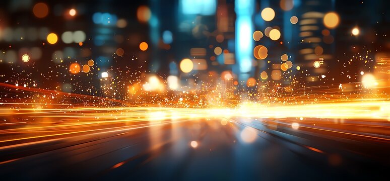 A dynamic view of city lights with vibrant motion blurs, showcasing the speed and energy of urban life at night. Perfect for themes of transportation and modernity in cityscapes.