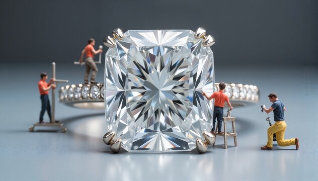 Miniature workers polishing a large diamond engagement ring on a sleek surface, showcasing craftsmanship and brilliance, concept of jewelry design and retail