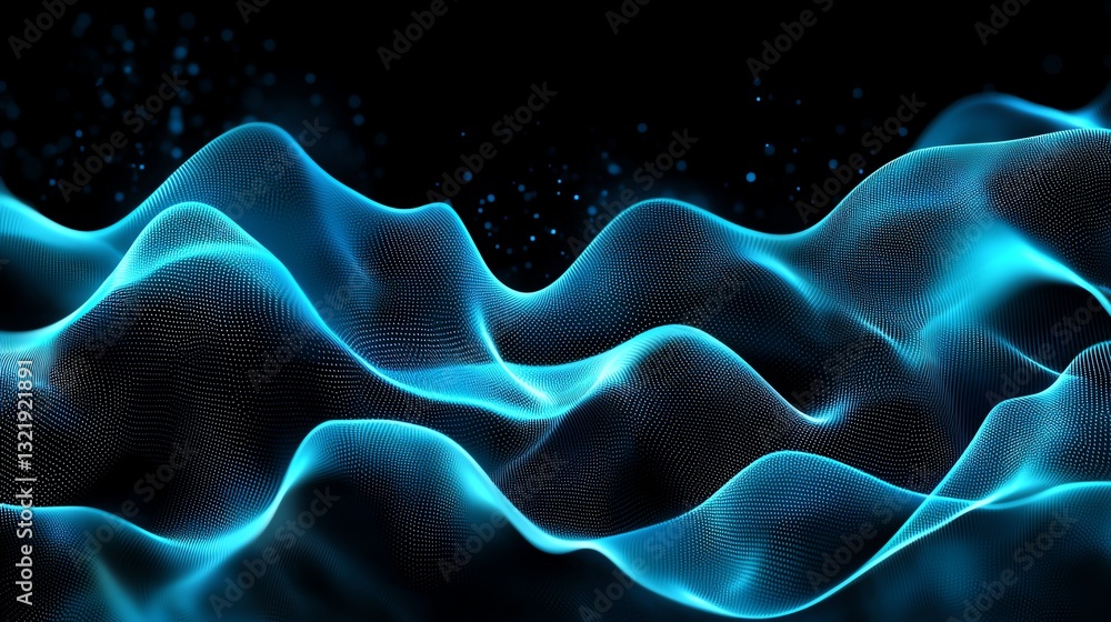 Poster an abstract representation of dynamic blue waves flowing gracefully against a black background, evok