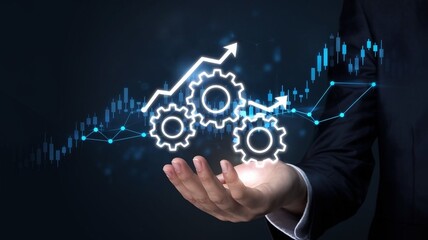 The image features a professional hand holding digital icons representing growth, progress, and success, surrounded by a futuristic stock market graph and connecting lines.
