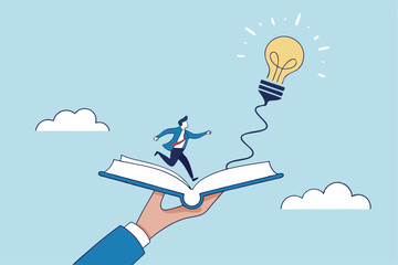 Effective learning new knowledge lead to success, wisdom or idea creativity, literature or inspiration, opportunity advice concept, young man running on opening book with stair up to lightbulb idea.
