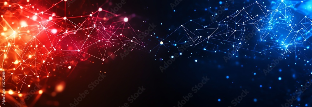 Poster a vibrant digital network visualization in red and blue hues, showcasing interconnected nodes and li