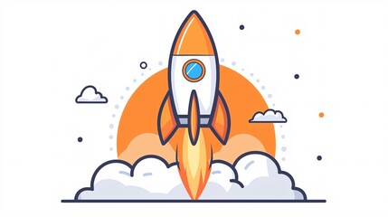 Cartoon Rocket with Clouds on White Background for Startup Design Projects