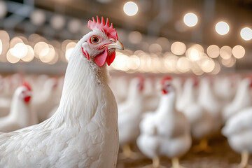 Close-up of a white chicken in a large chicken farm with bokeh background