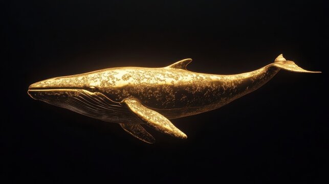 A gold colored whale swimming against a dark background - Powered by Adobe