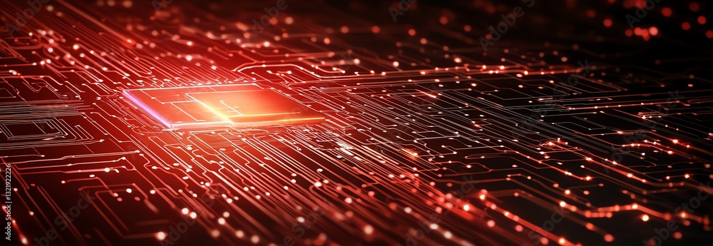 Poster a vibrant close-up of a modern microchip and circuit board, illuminated with red lights, showcasing 