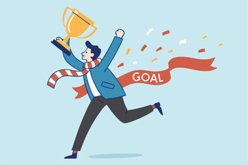 Success winning businessman, achievement, succeed performance or business victory, career success, goal or target accomplishment concept, success businessman running reach finish line with trophy.