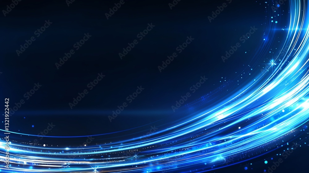 Poster this abstract image features dynamic blue lines and glowing particles on a dark background, represen