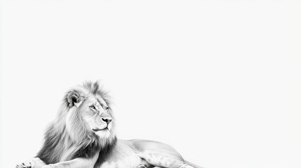 A majestic lion reclines against a pristine white background