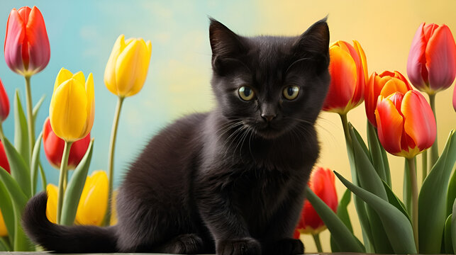 black kitty cat kitten looking flower profile streaming bright cute oil rogue tulips full intermediate spring