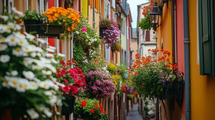 Fototapeta premium Popular tourist attraction and travel destination A charming street view showcasing colorful buildings and flowers in Colmar France Europe