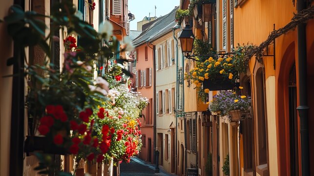 Popular tourist attraction and travel destination A charming street view showcasing colorful buildings and flowers in Colmar France Europe