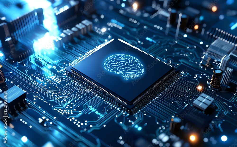 Aufkleber a close-up view of a microchip featuring an intricate brain design, highlighting the intersection of