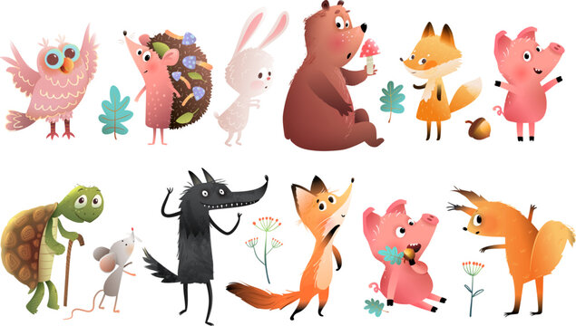 Collection of wild forest animals, cute wildlife characters for children. Little bear wolf fox hedgehog with owl, and a turtle collection. Vector animals design for kids, isolated cartoon collection.
