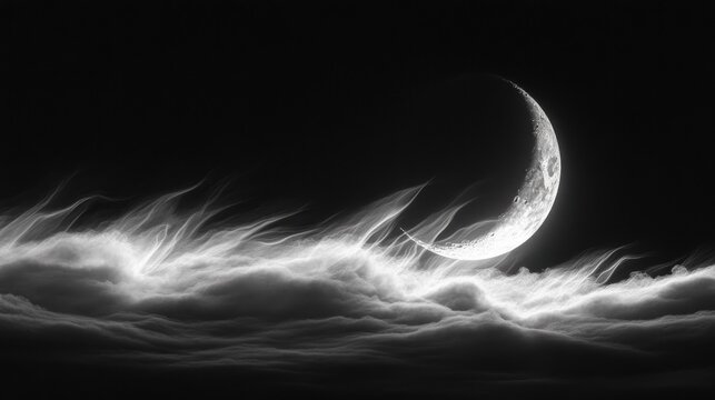 Crescent moon over ominous clouds