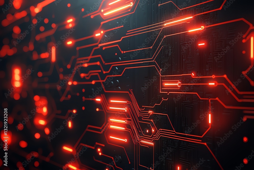 Poster a vibrant close-up of a circuit board featuring glowing red lines and patterns, showcasing advanced 