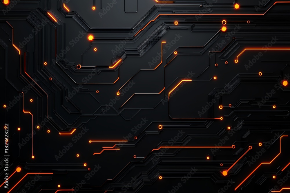 Poster this abstract background features a modern circuit board design with glowing orange lines on a dark 