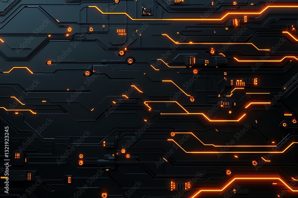 Poster a close-up view of a futuristic circuit board design featuring intricate lines and glowing orange el