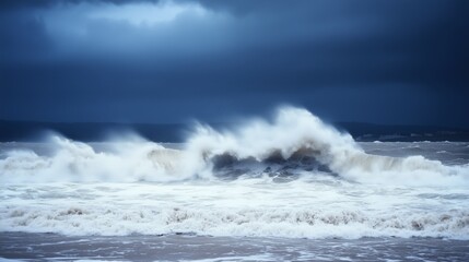 Powerful ocean waves crashing against the shore under a dramatic stormy sky, showcasing nature's raw beauty and energy, oceanic storm concept