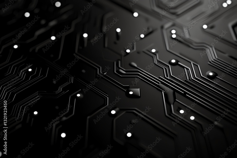 Poster close-up view of a black circuit board showcasing intricate patterns and glowing components, symboli