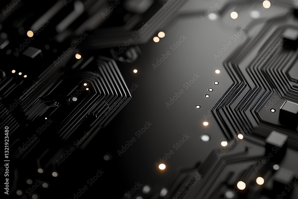 Poster close-up of a modern circuit board with intricate lines and glowing lights, showcasing advanced tech