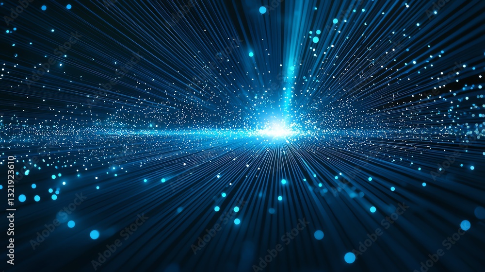 Poster a stunning visual of blue particles radiating from a central point, creating a sense of depth and mo