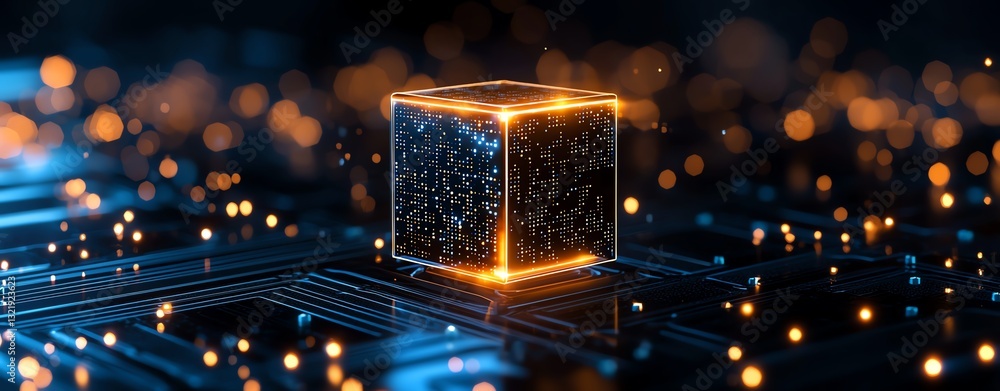 Poster a futuristic glowing cube on a circuit board with sparkling lights. this digital art represents adva