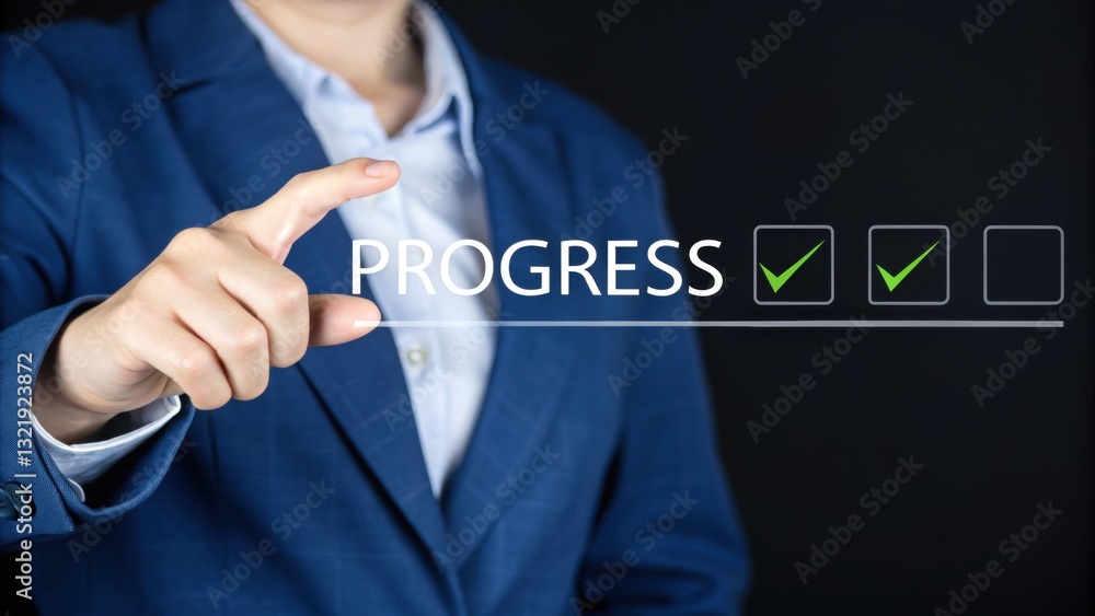 Poster progress check: a professional in a suit pointing towards a 'progress' sign, highlighted by check ma