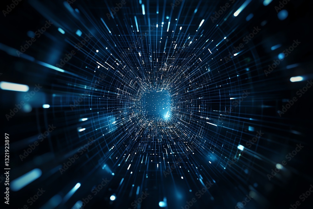 Poster an abstract representation of technology, showcasing a dynamic burst of blue light and lines that ev
