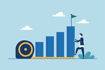 Obraz premium Measure success, growth or KPI, key performance indicator to compare with benchmark, growing progress, improvement or evaluation concept, businessman measure success growth graph with measuring tape.