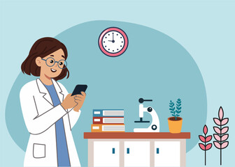 Cute Female doctor wearing glasses holding phone.