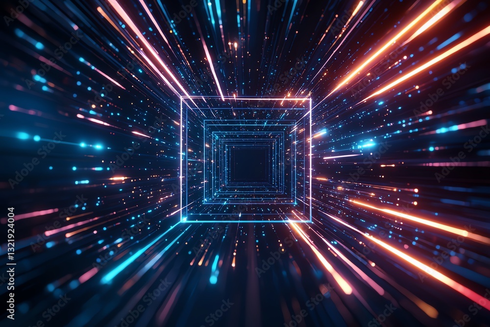 Poster a vibrant digital space represented by colorful beams of light, creating a sense of motion and depth