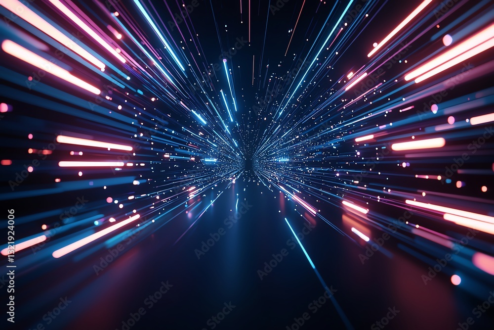 Poster a vibrant explosion of light rays converging into a central point, creating a sense of speed and inn