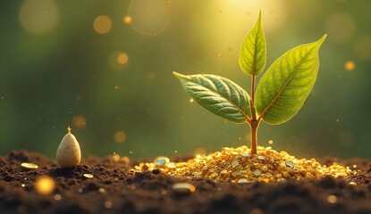 young plant growing from soil with golden coins, symbolizing prosperity