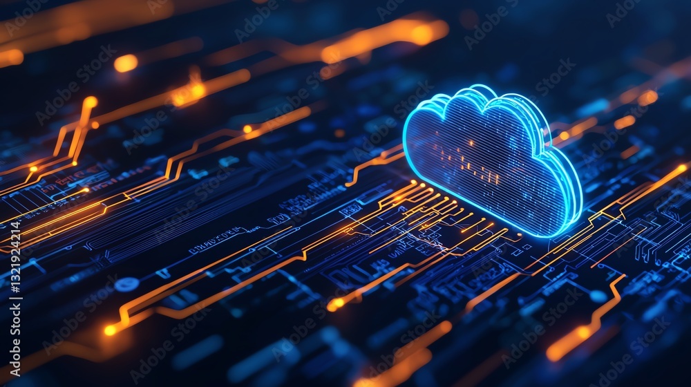 Poster a vibrant, abstract representation of cloud computing, featuring a glowing blue cloud symbol against