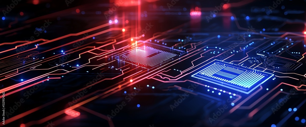 Poster vibrant close-up of a futuristic microchip circuit board, showcasing illuminated pathways and data c