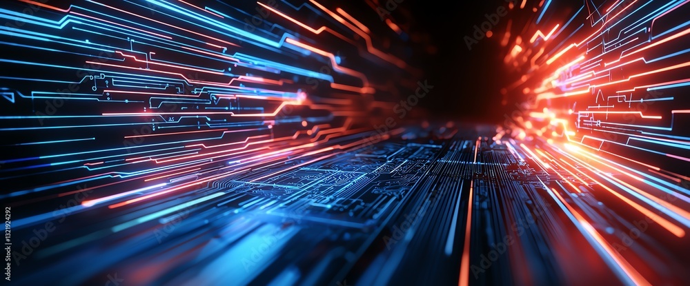 Poster abstract technology background with dynamic lines and glowing particles representing speed, innovati