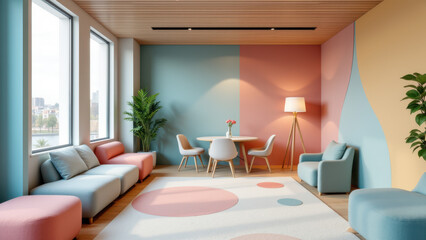 Fototapeta premium Modern office space with colorful design elements and acoustic panels.