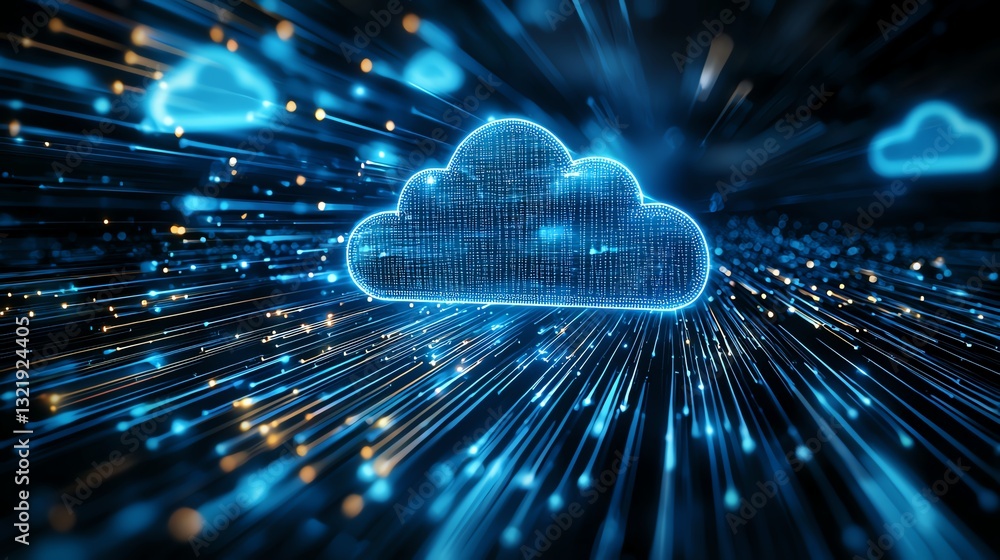 Poster futuristic digital cloud technology image illustrating data streaming with glowing lines and luminou