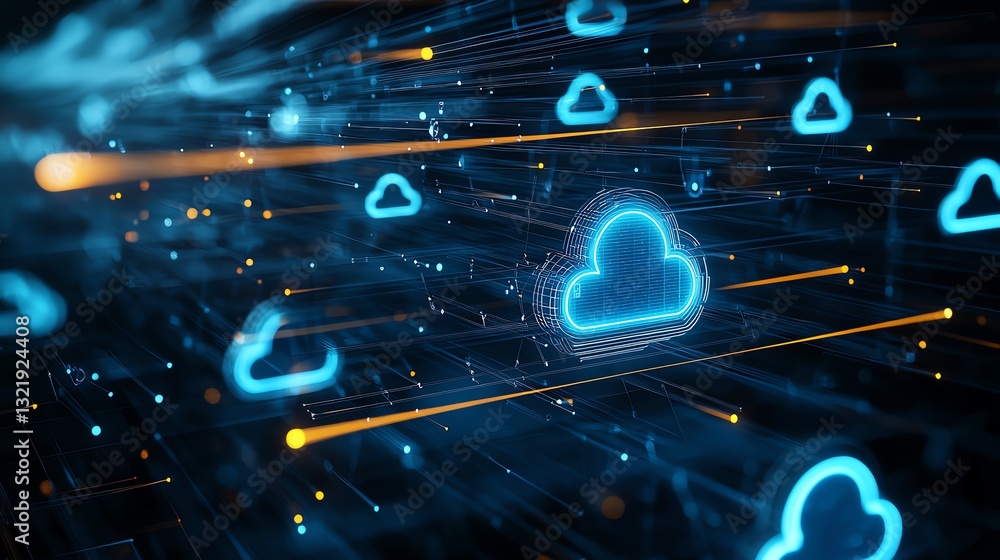 Poster futuristic digital cloud technology with vibrant blue clouds and dynamic lines representing data flo