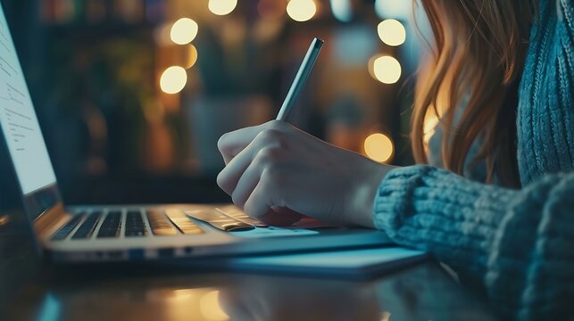 Online course concept with a person taking notes while watching a webinar