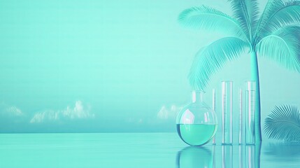 Tropical laboratory scene with test tubes and a round flask on a reflective surface, featuring a palm tree and a serene blue background, laboratory concept
