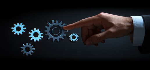 Hand interacting with digital gears, representing process management and workflow optimization.